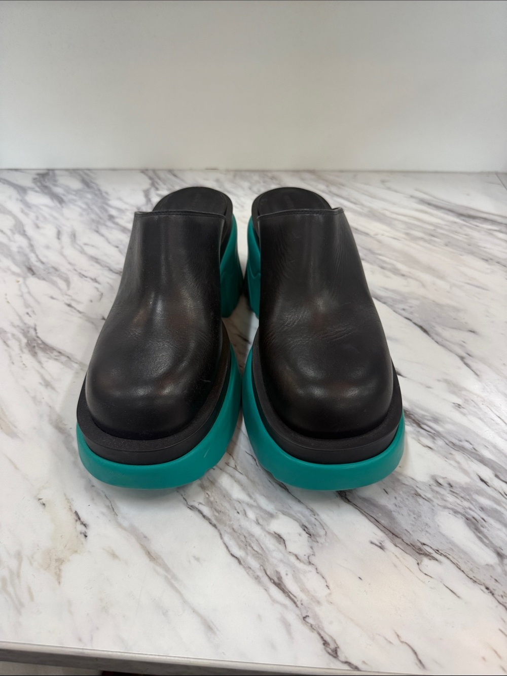 Bottega Veneta Black Leather Slide Mules with Teal Platform